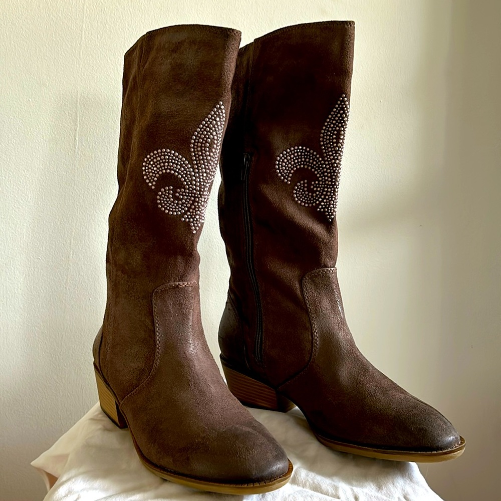 Kathy Van Zeeland Brown Suede Heeled Knee Boots with Stud Embellishment